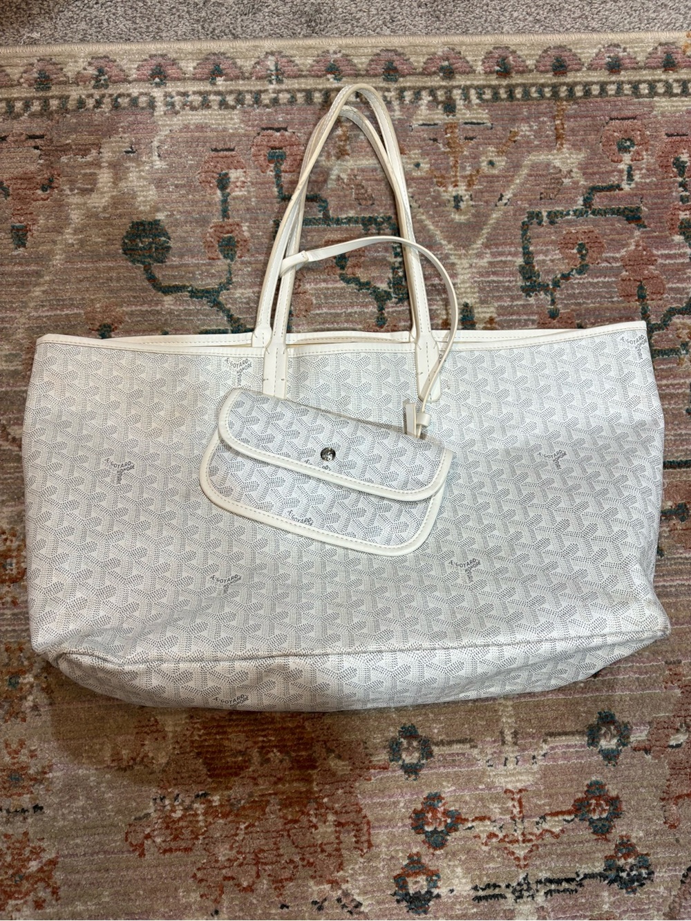 Goyard-Style White Tote Bag with Removable Pouch